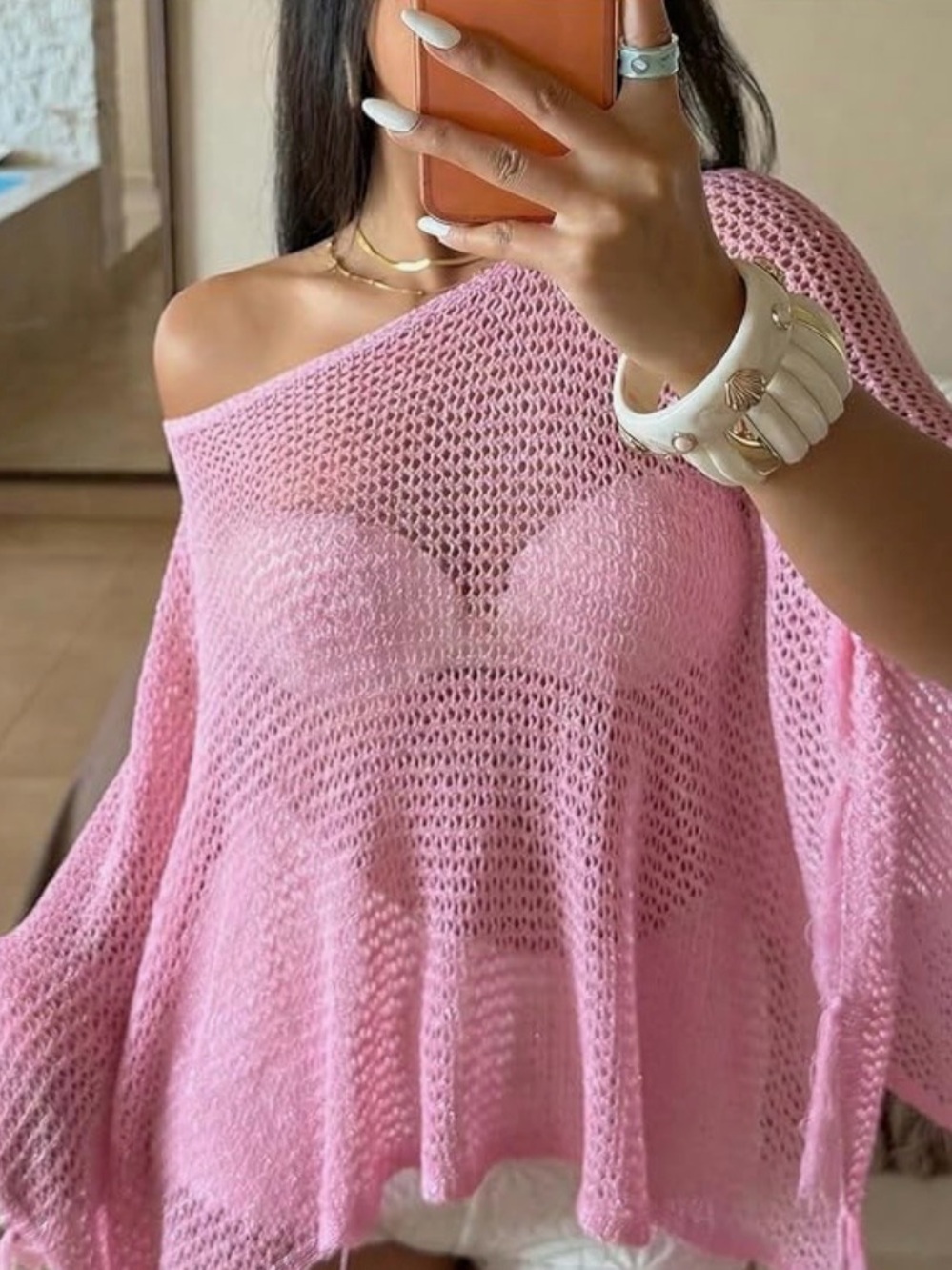 Pink Crochet sheer Off-Shoulder top/cover up